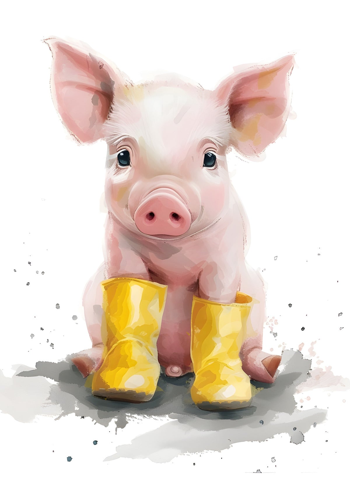 Little Piglet in Yellow Boots -  Cute Watercolor Piggy Nursery Decor