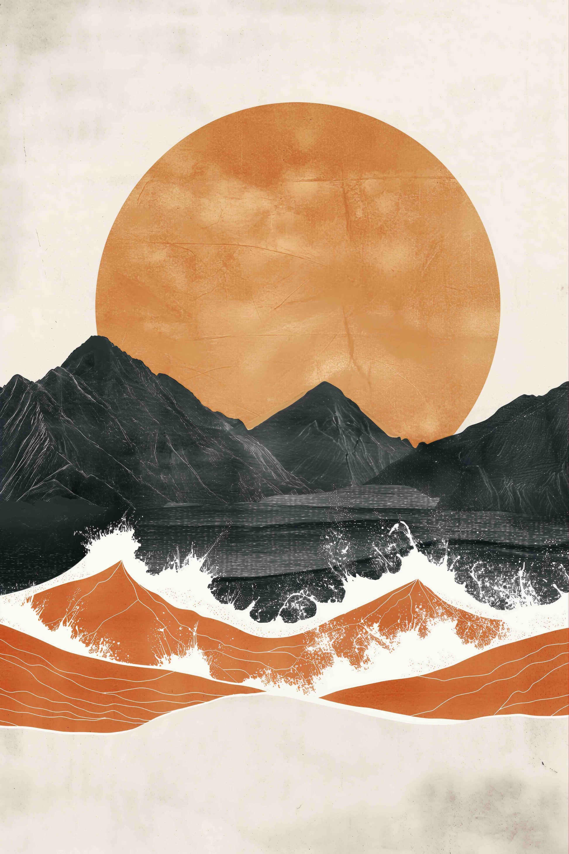 Abstract art with mountains, a large orange sun, and wavy lines on a beige background