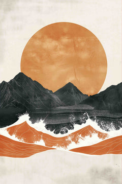 Abstract art with mountains, a large orange sun, and wavy lines on a beige background