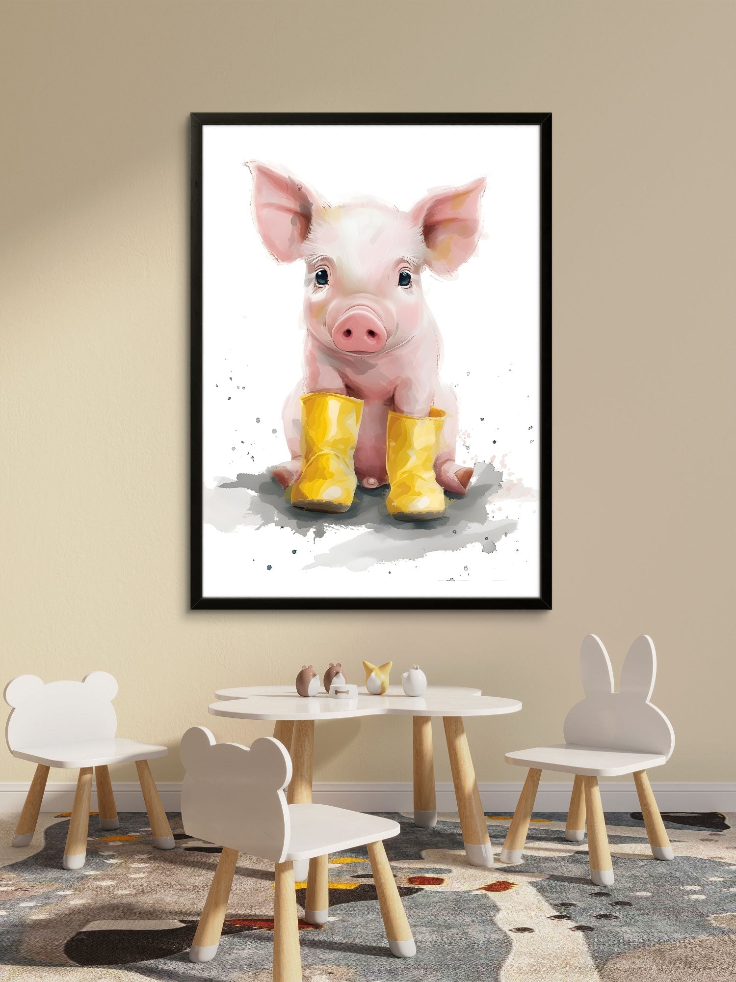 Little Piglet in Yellow Boots -  Cute Watercolor Piggy Nursery Decor
